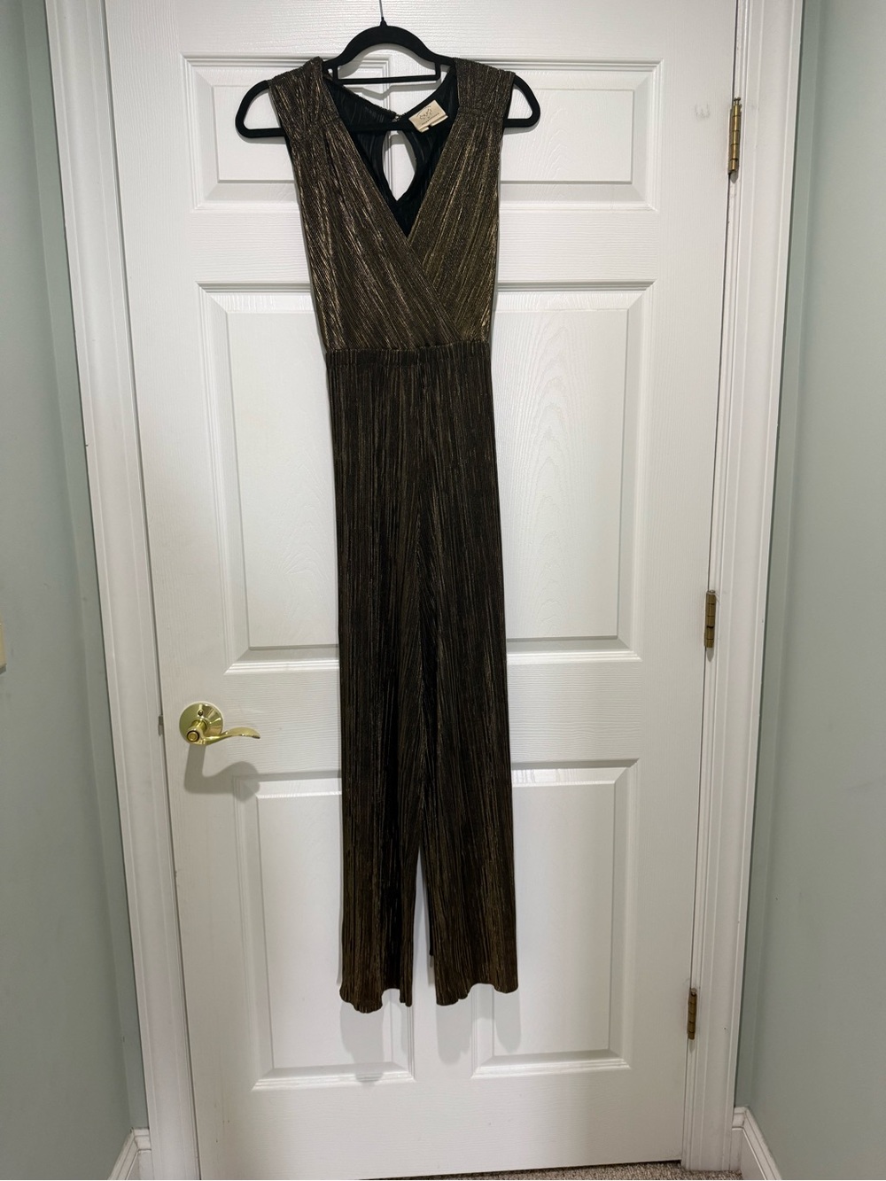 Anthropologie Black and Metallic Bronze Pleated Romper